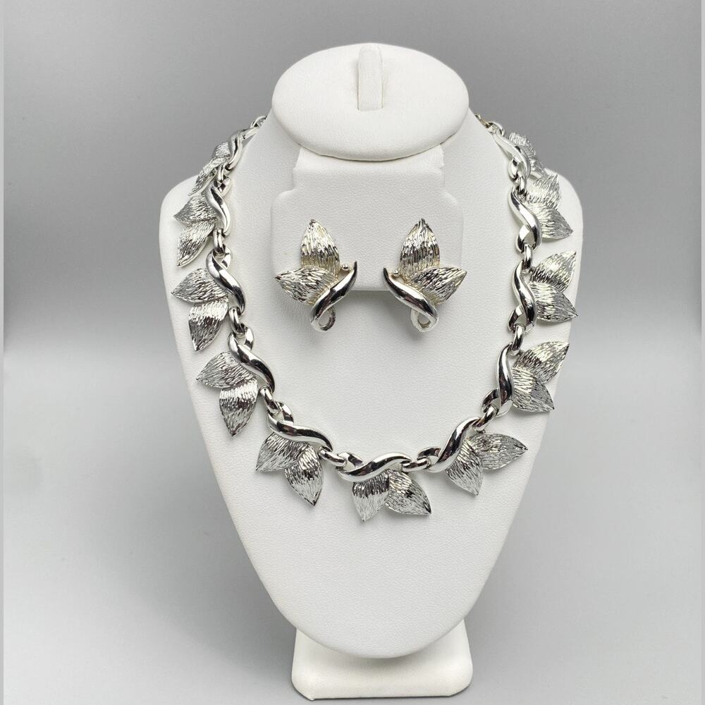 Vintage H&S Silver Tone Leaf Necklace & Clip Earrings Set Mid Century Signed
